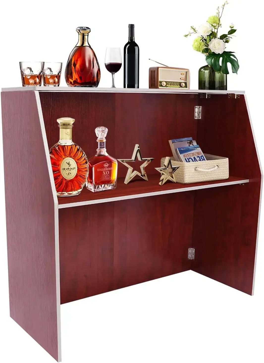 บาร์พับได้แบบพกพาสำหรับงานอีเวนต์ ขนาด 4 ฟุต พร้อมชั้นวางด้านบนและด้านกลาง, โต๊ะบาร์เทนเดอร์แบบพับได้พร้อมตู้เก็บของ, โต๊ะเคลื่อนที่เคลือบลามิเนต