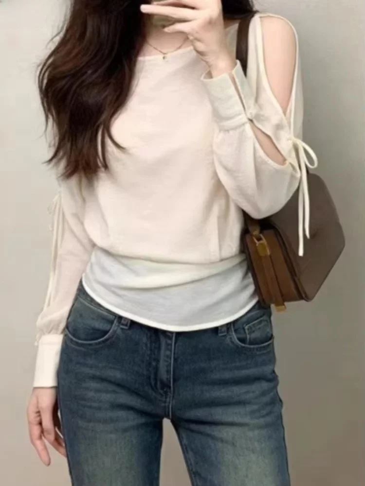 

2026 Camisas De Mujer Korean Blouses For Women Hollow Out Off Shoulder Sexy Shirts Temperament Vintage Fashion Bandage Blouse