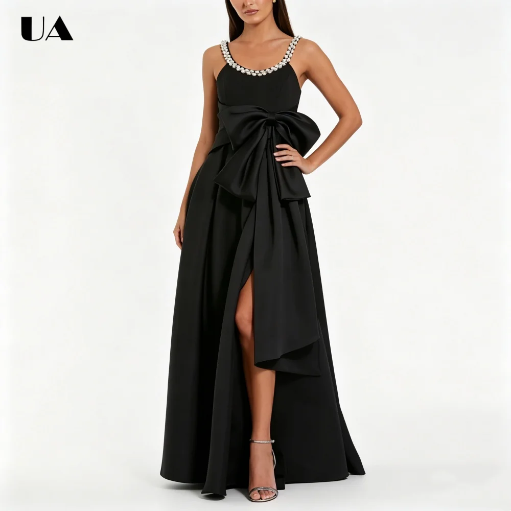 

ULBYANRY Customized Satin A-line Sleeveless Prom Dresses for Women, Elegant Embellished Evening Dress, Trendy Bow Party Dress