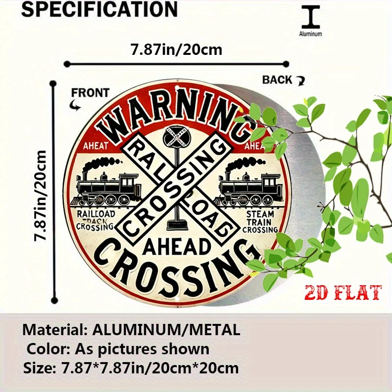 Retro Railroad Crossing Warning Round Metal Sign, Vintage Steam Train Wall Decor for Garage & Man Cave