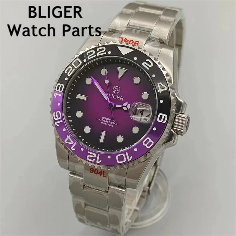 BLIGER Men Watch 40mm Diver NH35 Automatic Mechanical Wristwatch Luminous Black&Purple Luminous Bezel Sapphire Glass Waterproof