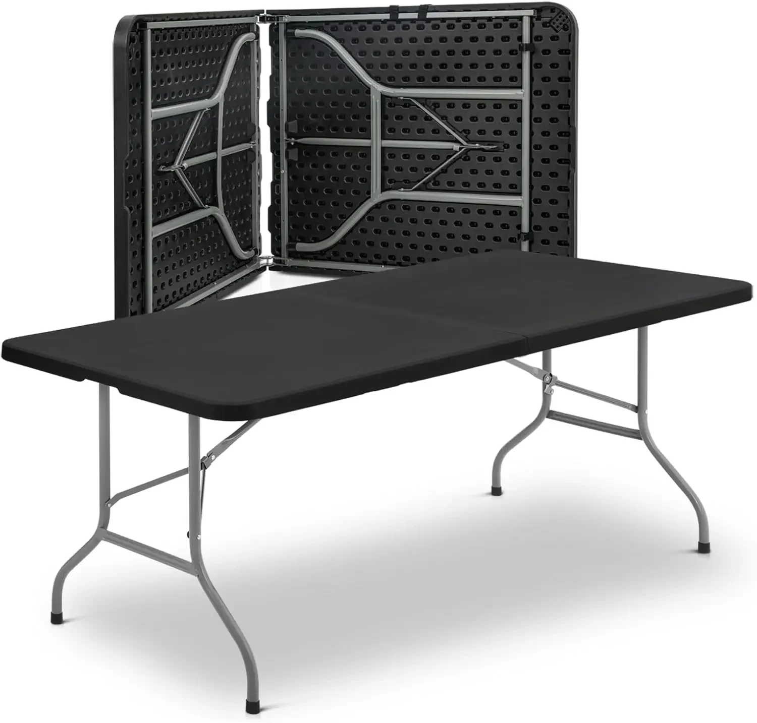 8ft Folding Table Plastic Fold-in-Half Table, Black | Heavy-Duty HDPE Tabletop, 300 lbs Weight Capacity, Portable Carry Handle