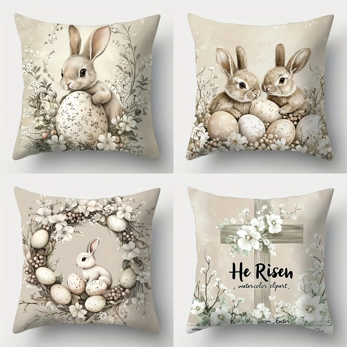4 Pack Easter Bunny Throw Pillow Covers Spring Decor Watercolor Rabbit Eggs Floral Nursery Christian Holiday Accent Cushion Set