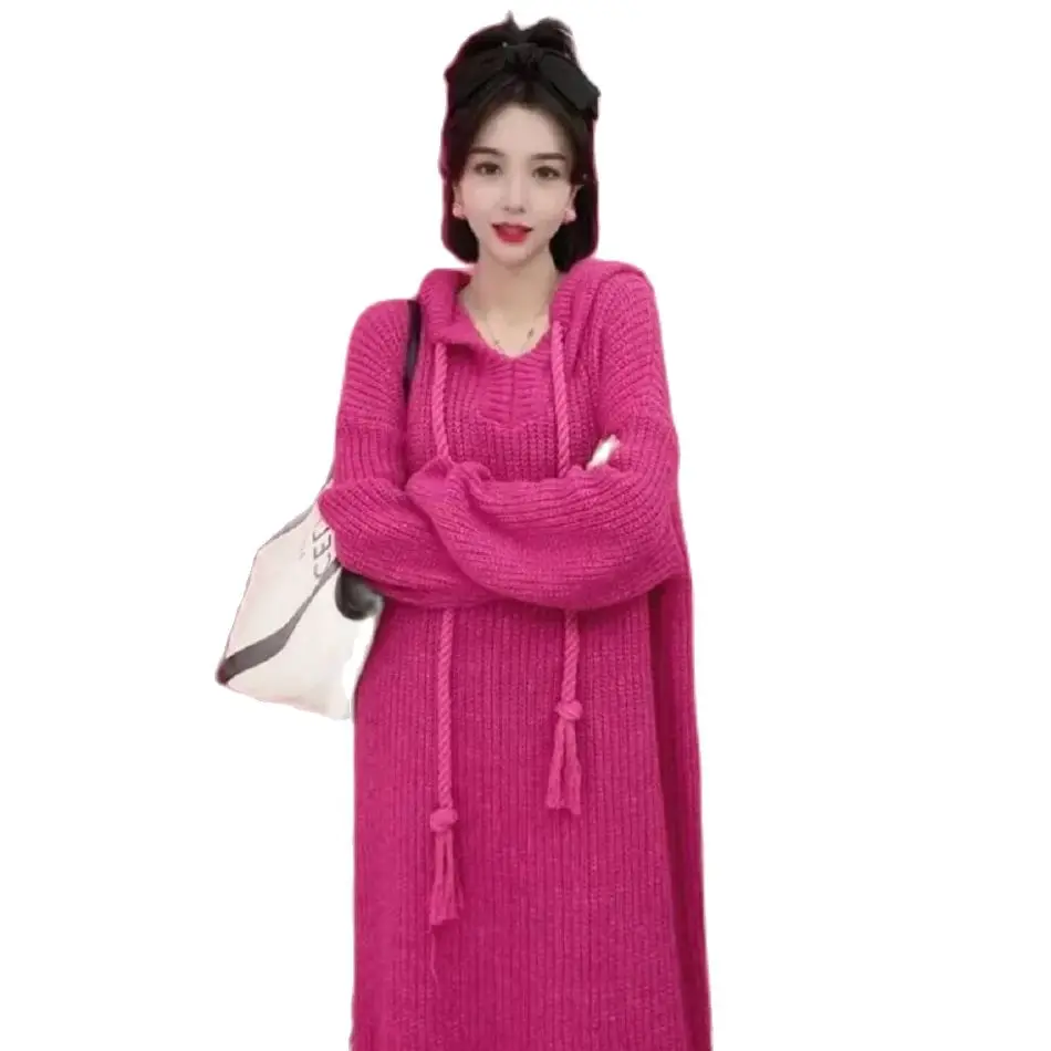 

Fashion Korean Dongdaemun 2023 Autumn Lazy Hooded Pullover Knitted Dress Women's Autumn/Winter Over Knee Thickened Sweater Dress