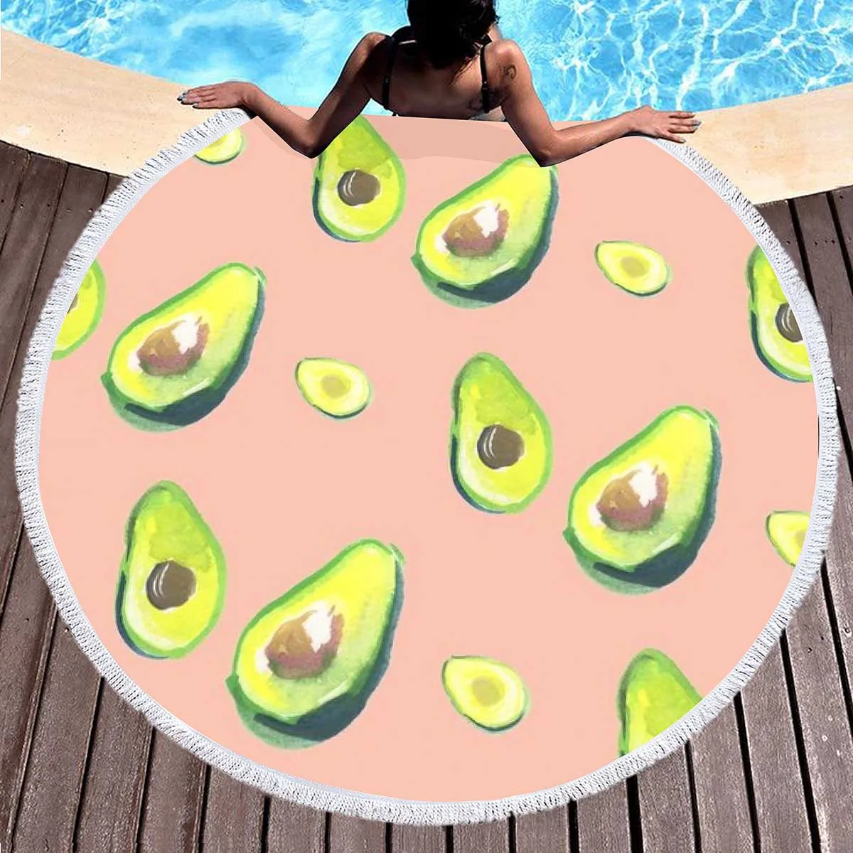 Tropical Fruit Avocado Round Beach Towel Microfiber Boho Round Hawaiian Beach Blanket Sand Proof Circle Swim Towel with Tassels
