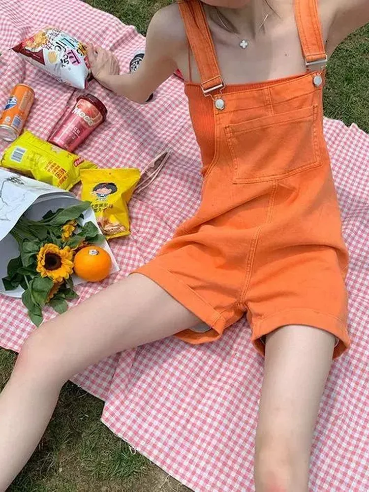 Sweet Summer Orange Denim Overalls Women's Thin Fashion Age Reduction Small Student Slimming One-Piece Pants High Waist Butto...