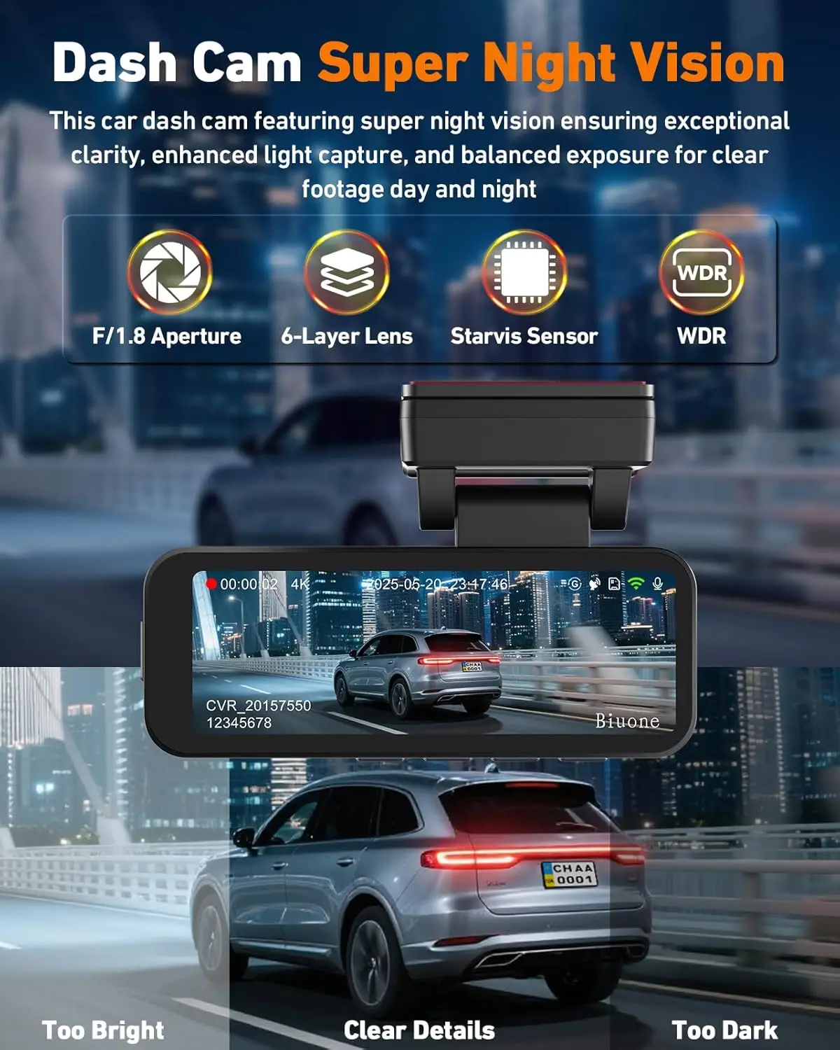 كاميرا 4K Dual Dash مع 5G WiFi، GPS، شاشة IPS 3.2 بوصة، بطاقة 64 جيجابايت، رؤية ليلية، شاشة ركن السيارة #6