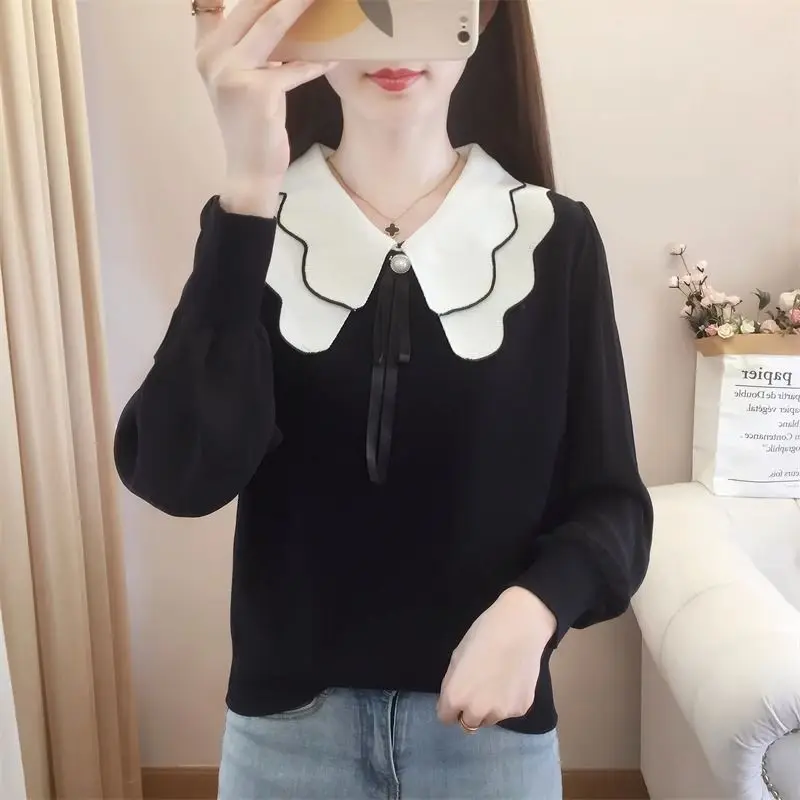 Odzież damska Słodki elegancki szyfonowy sweter z rękawami Wiosna Jesień Moda Łuk Patchwork Sweter Szykowne topy z kołnierzykiem