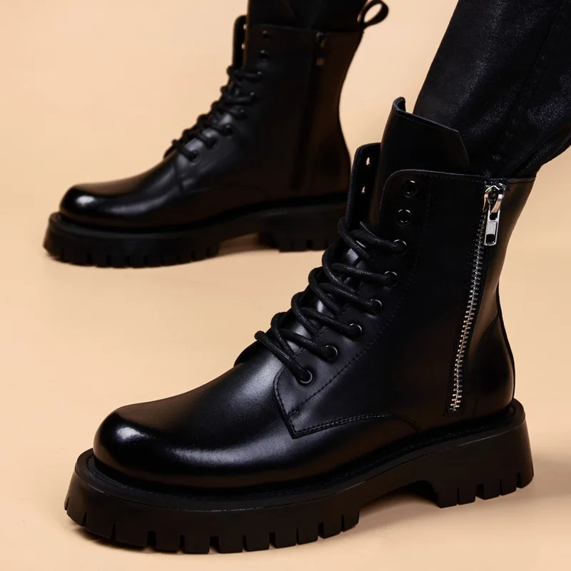 

Boots men's zipper style high top autumn and winter velvet British style boots trend thick soled workwear men's boots