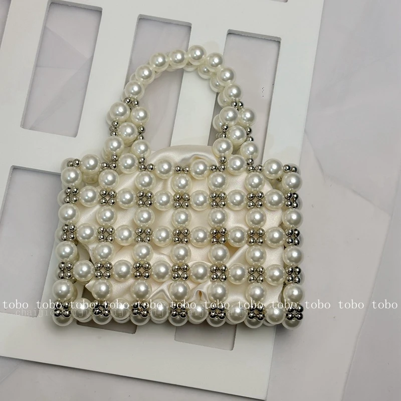 Original Homemade Trendy Evening Party Handbags for Women Pearl Beaded Woven Hollow Out Designer Little Tote with Inner Bag