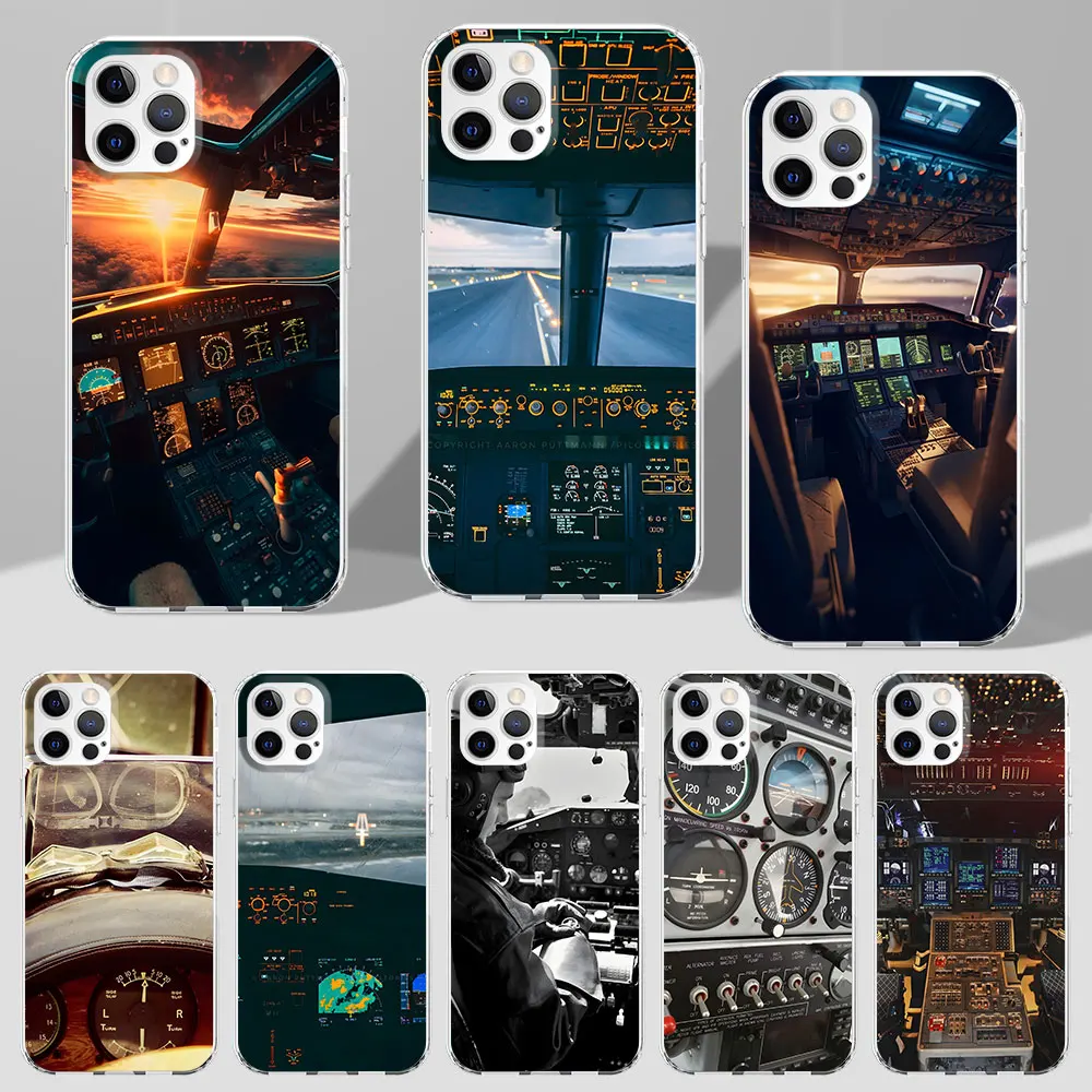 Aviation Aeroplane Pilot Cockpit Phone Case for Apple iPhone 13 15 11 12 Pro Max XR 7 8 Plus X XS Transparent Soft Silicon Cover