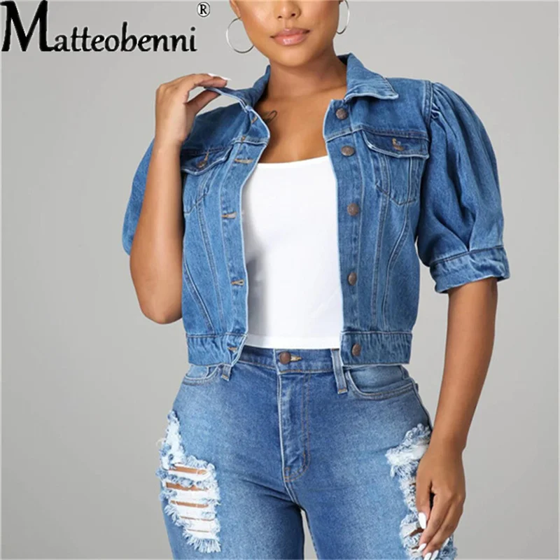 Women Sexy Ripped Denim Crop Jackets Tops 2022 Ladies New Vintage Casual Short Jean Jacket Puff Sleeve Female Coat Streetwear