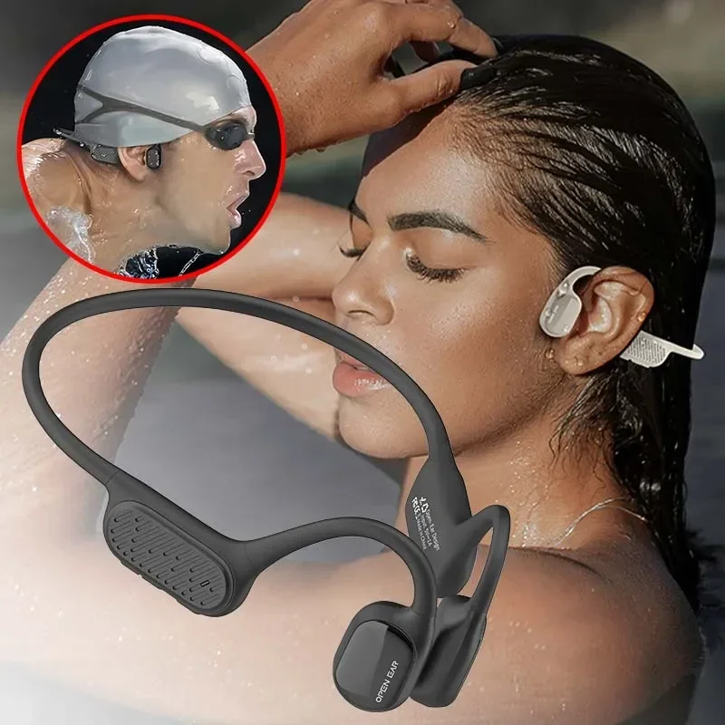 

Professional Swimming Diving Surfing Bone Conduction Headphones With Silicone Earplugs 32GB Memory Waterproof Bluetooth Earphone