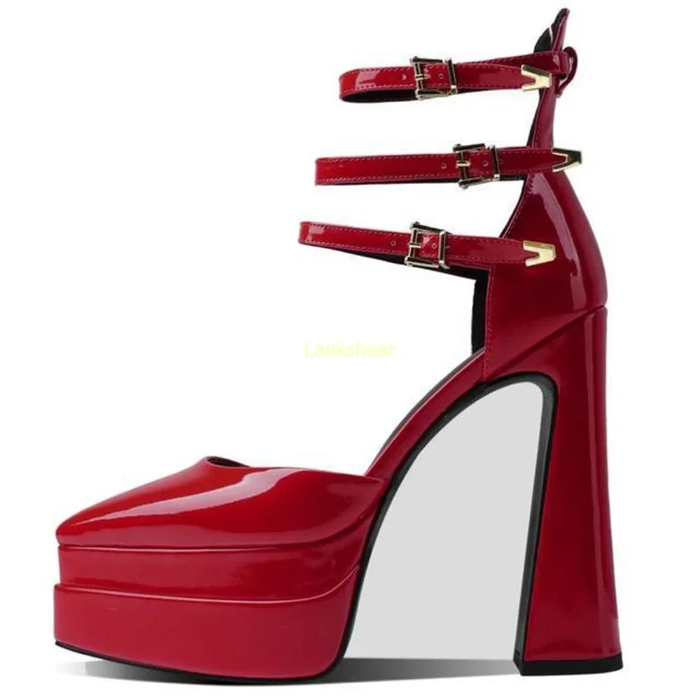 Platform Multi Strap High Heels Patent Leather Sexy Pointed Toe Square Heel Solid New Arrivlas Fashion Women Runway Shoes - view 6
