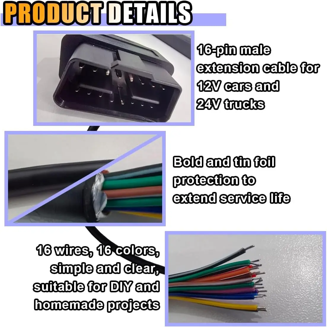 OBD2 OBD-II 16 Pin Male Connector To Open Plug Wire OBD Diagnostic Extension Cable Pigtail for Extension OBD2 Opening OBD Cable view 3