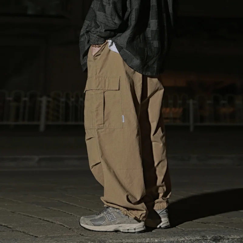 Autumn Winter Japanese Multi-Pocket Cargo Pants Men's Loose Drawstring Waist City Boy Trousers