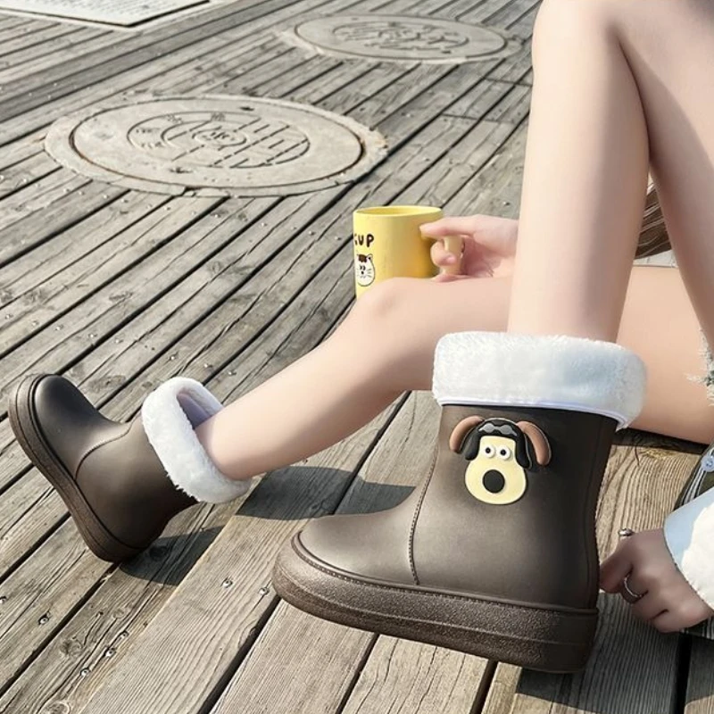 

Korean Style Women's Mid Calf Rain Boots Influencer Fashionable Cute Pattern Waterproof Non Slip Kitchen Fleece Lined Warm Shoes