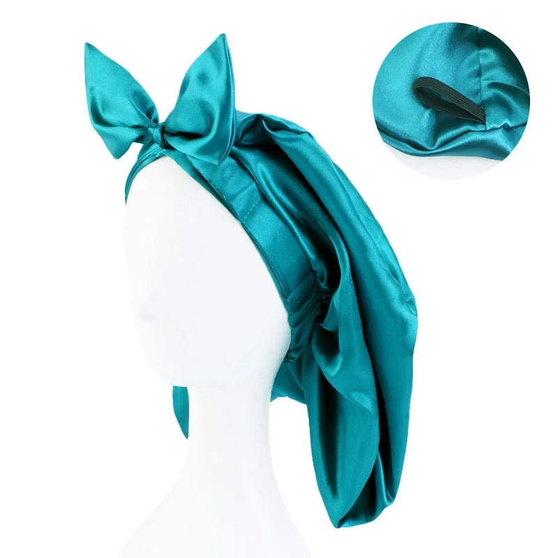 Bowknot Silky Satin czapka do spania dla kobiet czapka snu stałe uszy kota długie włosy czapka nocna uroda pielęgnacja włosów czepek czepek