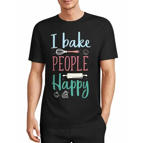 Baking Slogan I Bake People Happy Egg Beater Rolling Pin Cake Print Black T-Shirt