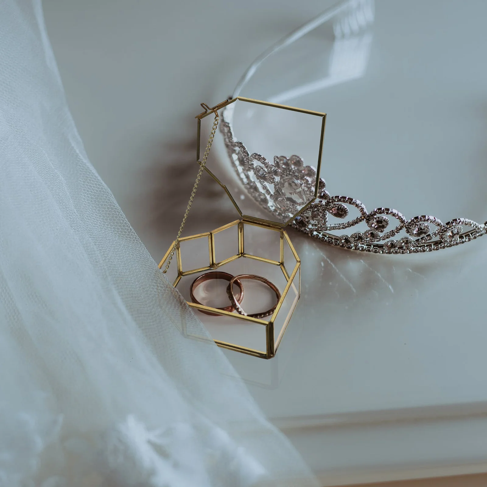 Glass Jewelry Box Heart Shaped Gold Brass Frame Small Jewelry Organizer Wedding Keepsake Display Tray Glass Box