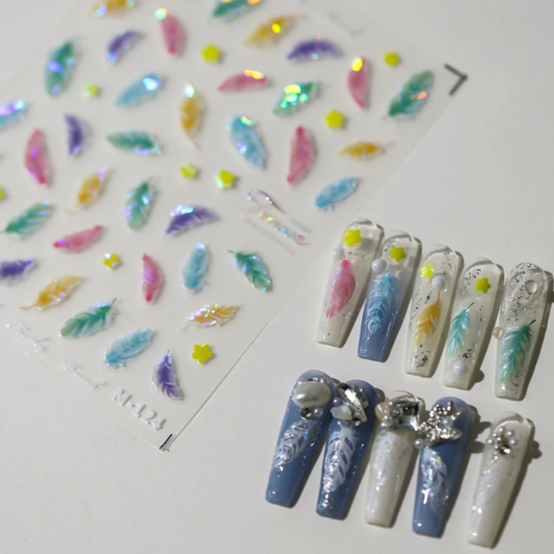 Illusion Colored Laser Feather 3D Self Adhesive Nail Art Decorations Stickers High Quality Manicure Decals Wholesale