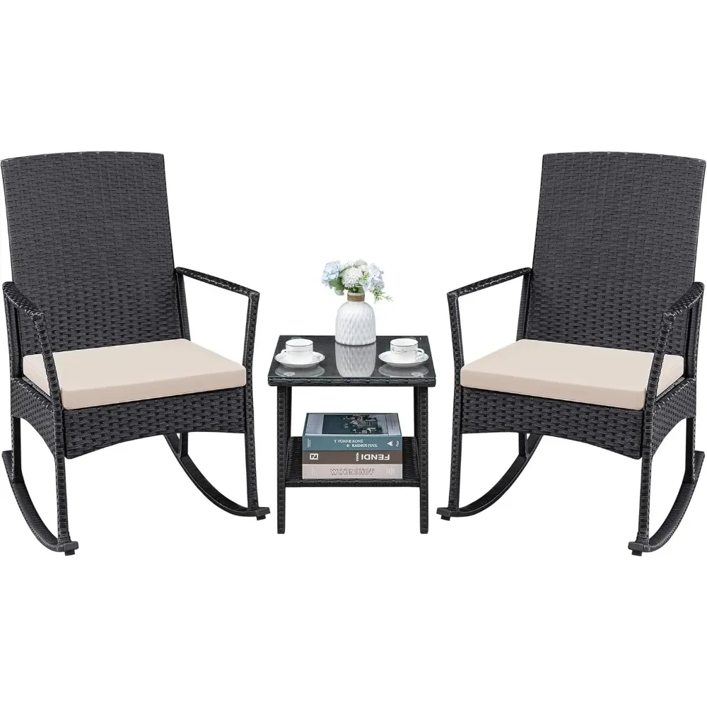 

3 Pieces Patio Furniture Set Outdoor Wicker Rocking Chairs with Glass Coffee Table for Garden Backyard Porch Poolside, Beige