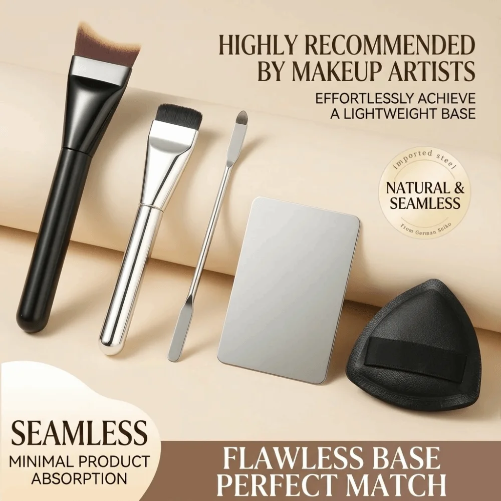 5pcs New Flawless Finish Makeup Tool Kit Non Absorbent Streak Free Crescent Foundation Brush Even Application Powder Puff Set