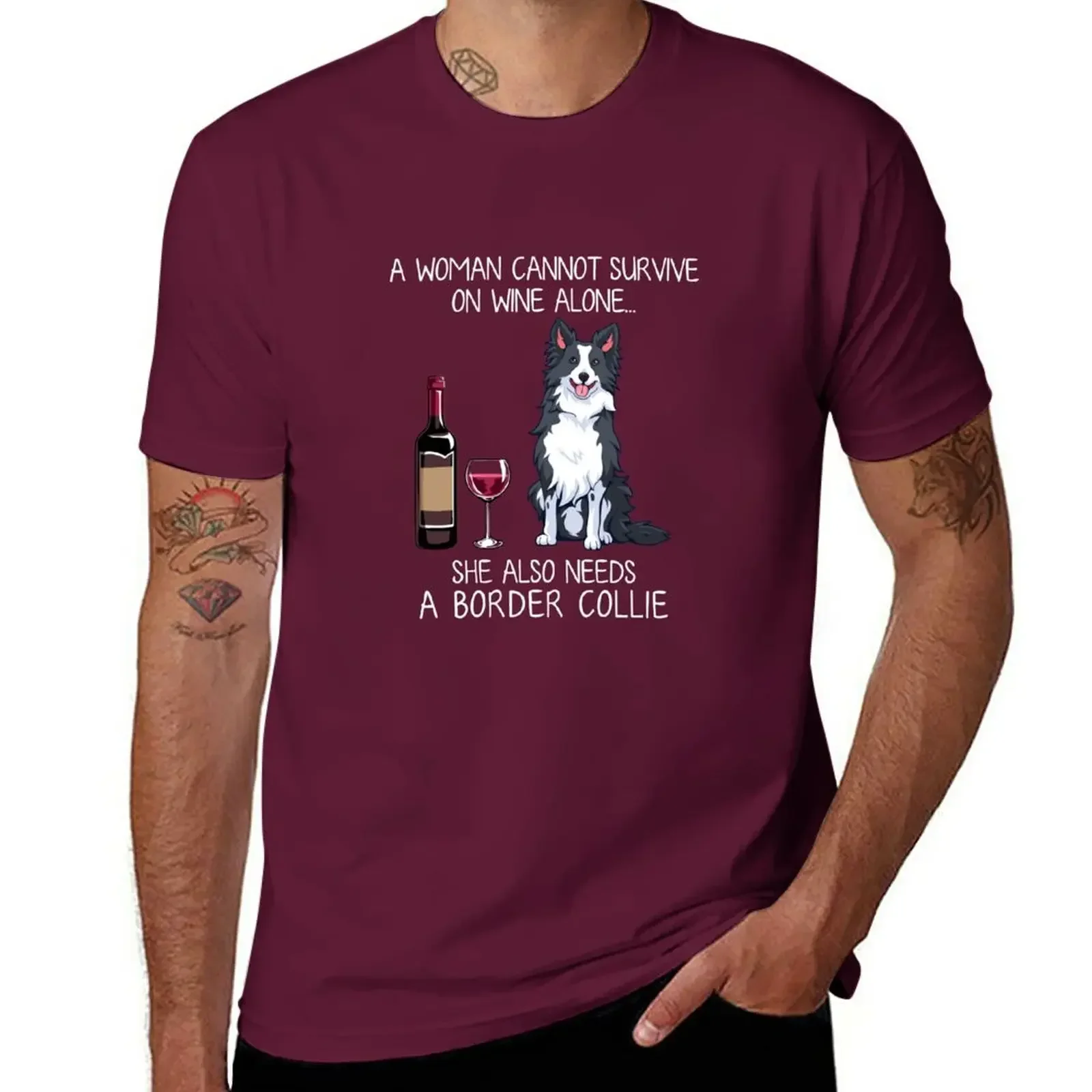 Border Collie and wine Funny dog T-Shirt vintage blanks boys animal print t shirts for men graphic Short Sleeve Round Collar