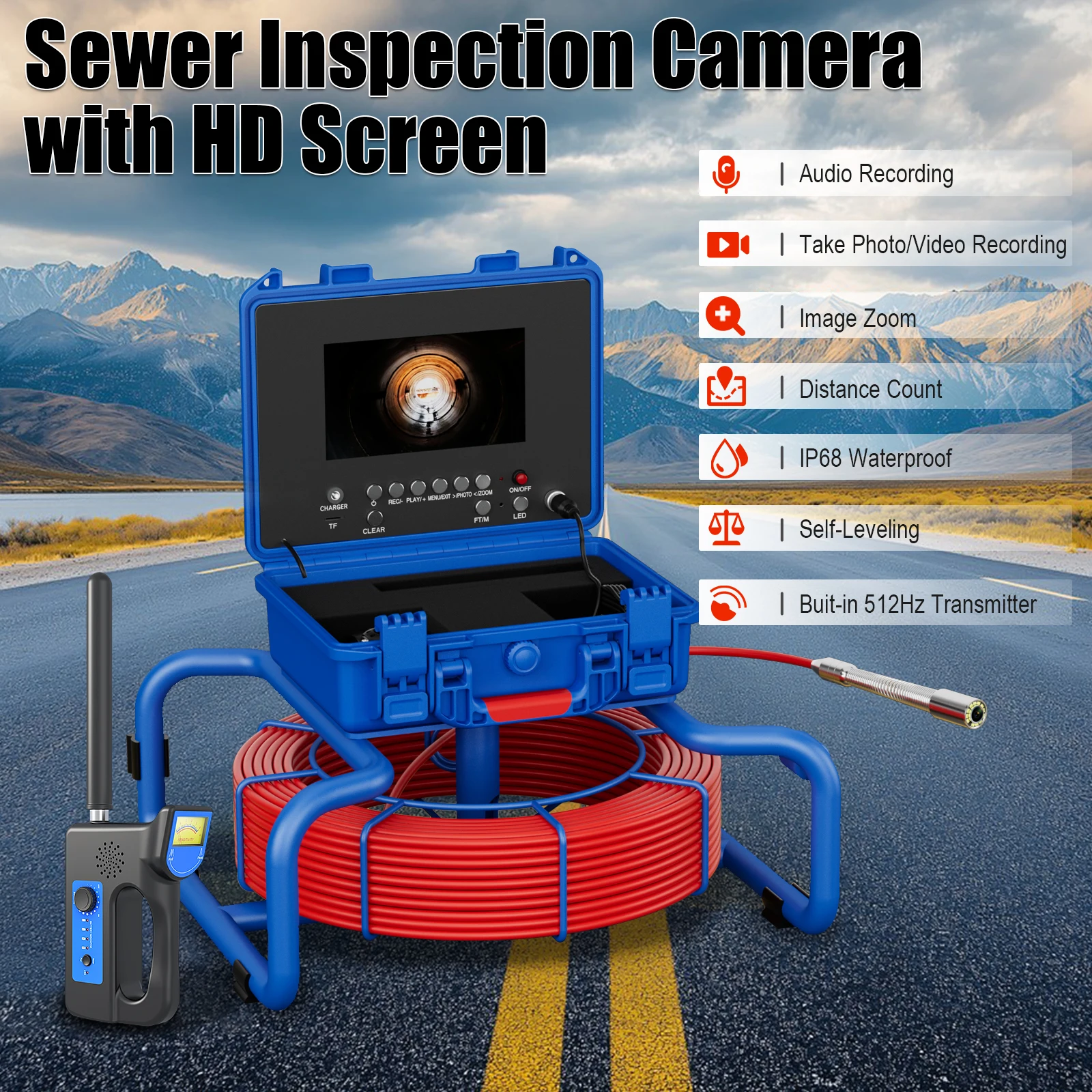 Pipe Inspection Camera with Meter Counter and Self-Leveling 512HZ Transmitter 7mm 30/50/60M Cable Sewer 7inch Video Endoscope