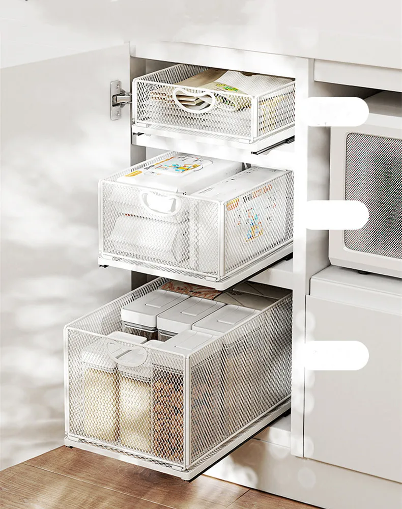 

Kitchen Metal Organizer Home Cabinet Under The Sink Seasoning Bottle Fruit and Vegetable Storage Basket Drawer Type Debris Shelf