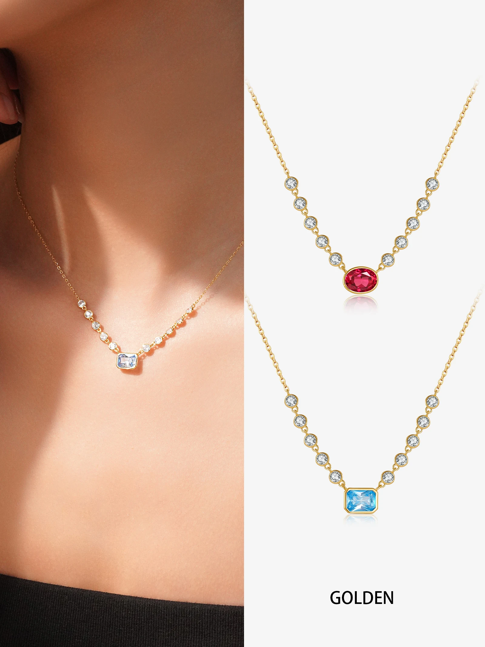 

ANDYWEN 925 Silver Gold Plated Bubble Chain Set, CZ with Red Blue Gemstone, Layering Jewelry Gift Box for Women, Daily Wear