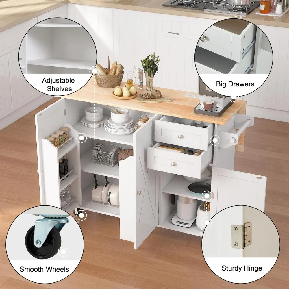 جزيرة مطبخ 50.4 مع أوراق شجر متدلية ومخرج طاقة، عربة جزيرة دوارة للمزرعة مع 3 أرفف توابل على عجلات، موبيل