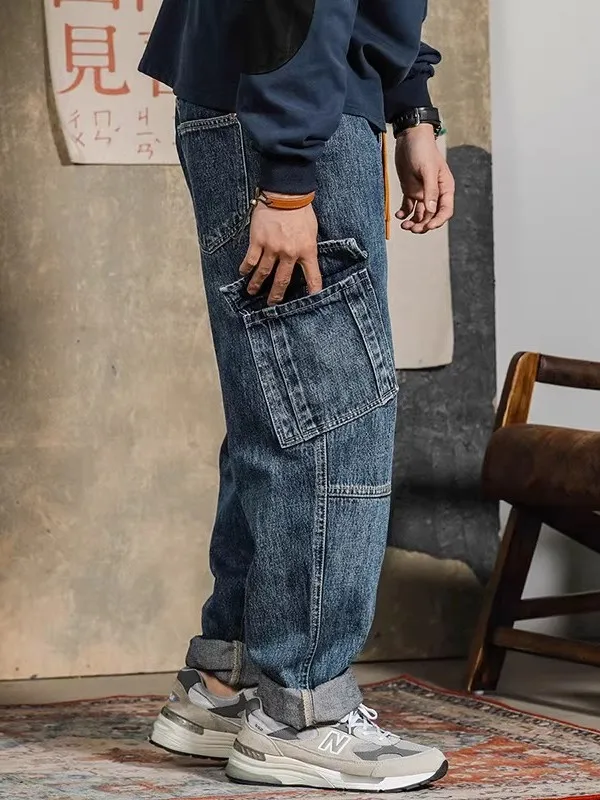 

Мужские джинсы свободного прямого кроя в стиле ретро, японский мотоциклетный стиль, американский кэжуал, модные брендовые джинсы больших размеров