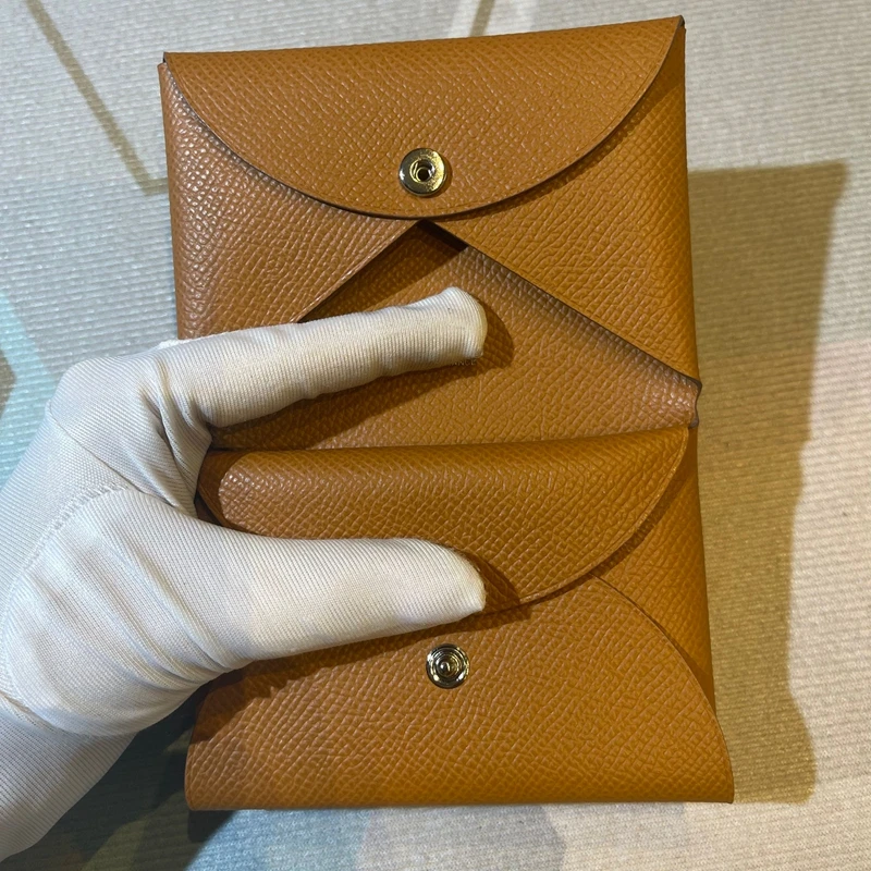 Handmade Leather Business Card Holder Wallet Practical Coin Purse Brown Gold for Men And Women Functional  Pouch by Phoew...