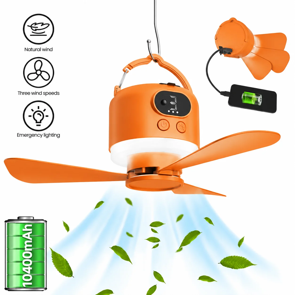 Remote Control Timing Camping Hanging Fan 10400Mah Large Capacity Battery 3 Wind Speeds Led Light Fishing Small Hanging Fan