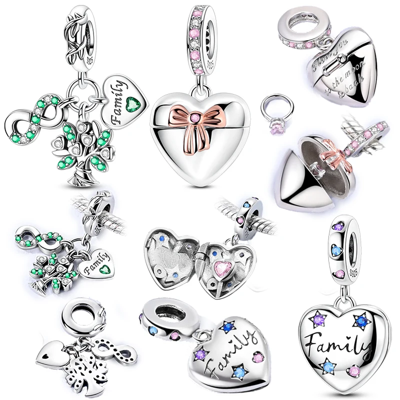 Family Love Heart Locket Dangle Charm 925 Sterling Silver Family Tree Infinity Symbol Bead Pendant Fit Bracelet Jewelry Gift