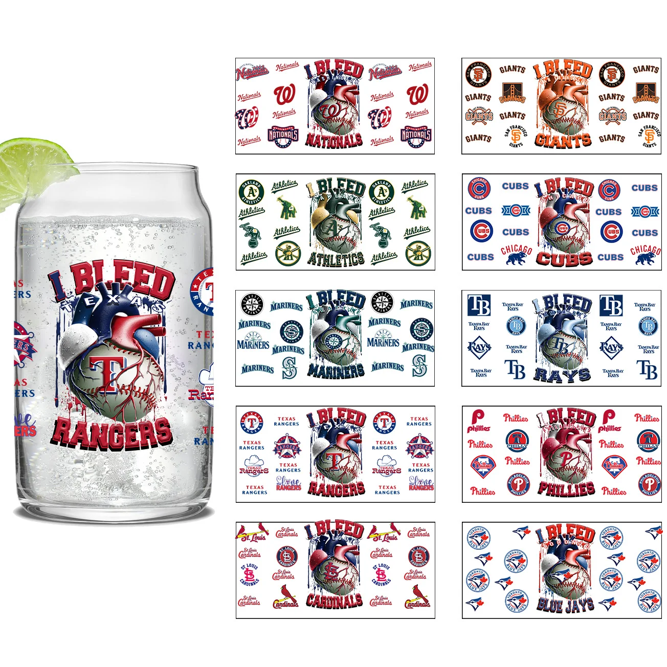 Baseball Series Easy peel waterproof DIY Decals 3D transfers uvdtf crystal stickers 16oz uv dtf cup wraps for Glass