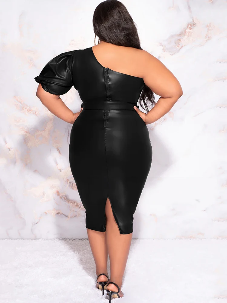 Plus Size donna abito in pelle opaca a una manica 9XL Stretch PU senza spalline abito longuette con orlo posteriore Split 6XL Ladies Bodycon Dress