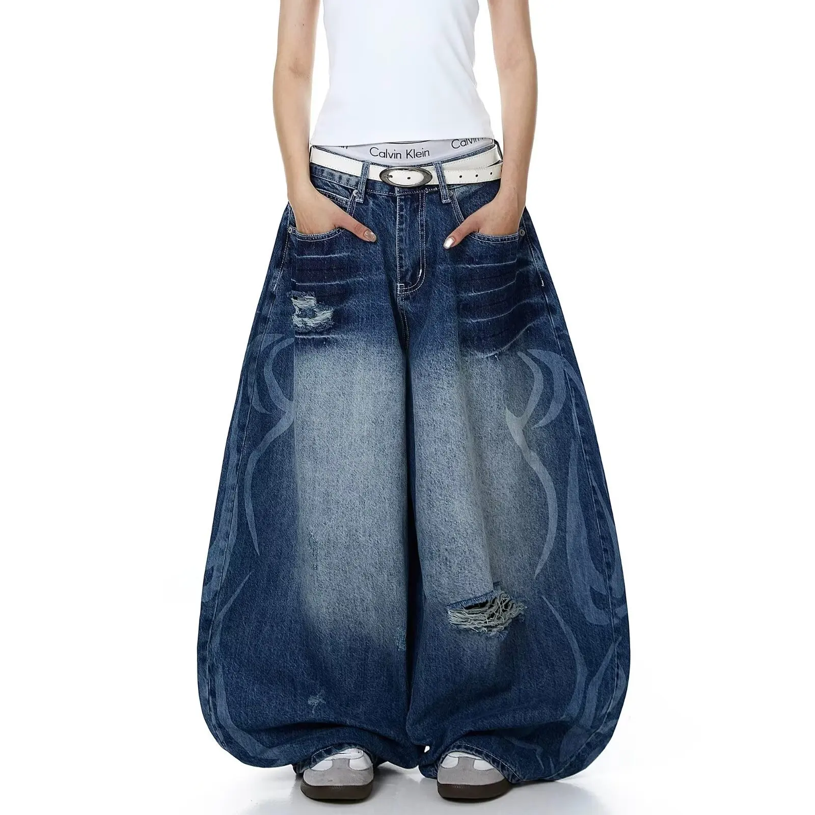 Women's Vintage Curved Leg Jeans Baggy Wide Leg Denim Pants Loose Fit Plus Size Streetwear Fashion Jeans