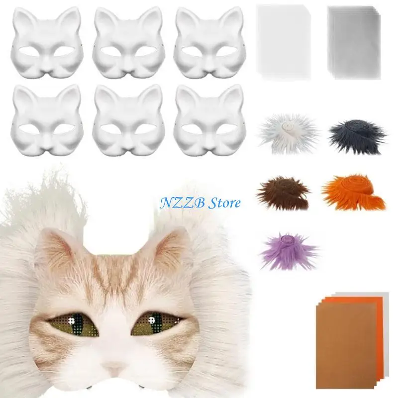 

T21F Cats Foxes Mask with Furs Eye Meshes Sticker,Therians Dress Up Mask to Paint