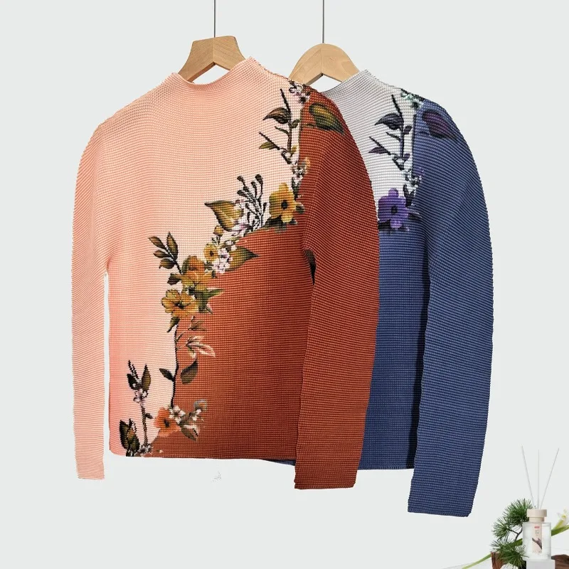 

Miyake New 2025 Fall/Winter Women's High-Neck Base Layer Top with Pleated Print, Slim-Fit Stretch, Slimming Long-Sleeve T-Shirt