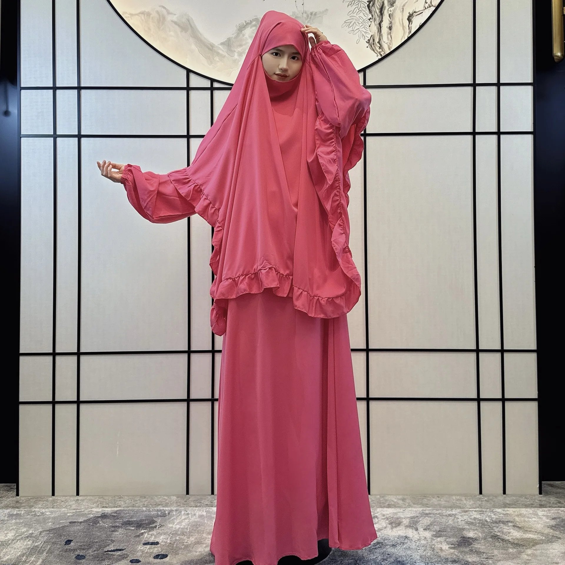 Ruffle Khimar Abaya Set donna Eid Djellaba Ramadan musulmano preghiera indumento Overhead caftano Islam abbigliamento Hijab Dress Jalabiya 2PC