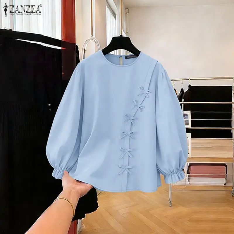 

2026 ZANZEA Spring Office Blouse Women Elegant Long Lantern Sleeve Tops Stylish Work Shirt Casual Bows Holiday Tunic Mujer Femme
