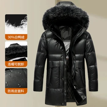 Chaqueta con capucha de cuero PU para hombre, abrigo de plumón de cuero grueso, medio a largo, cálido, cuello de pelo grande, novedad de invierno, 2024