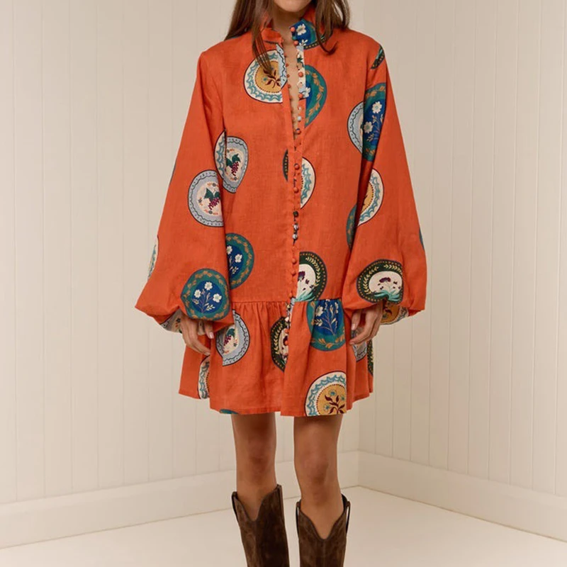 New Autumn Lantern Long Sleeve Boho Dress Vintage Pattern Print Lace-up Women Party Dress Spring Stand Collar Button Shirt Dress