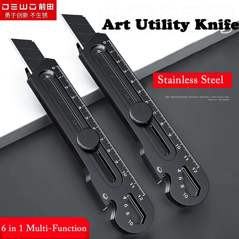 6 in1 Multi-Function Stainless Steel Utility Knife Premium cutter professional Tail Break Design/Ruler/Bottle opener box couteau