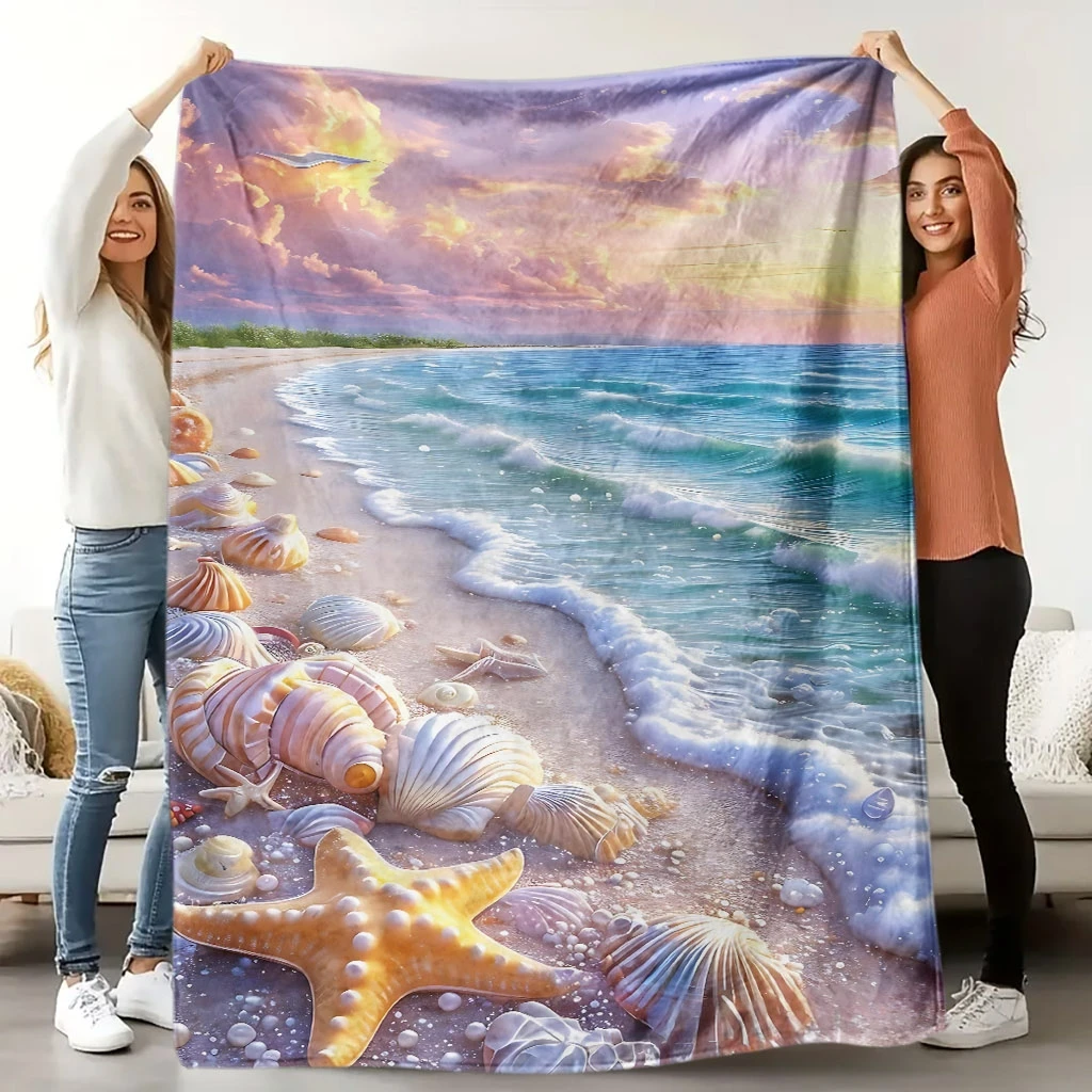 1pc Skin-Friendly Flannel Blanket with Ocean Wave, Beach, and Seashell Theme, High-Definition Digital Print, for Sofa or Bed Cov