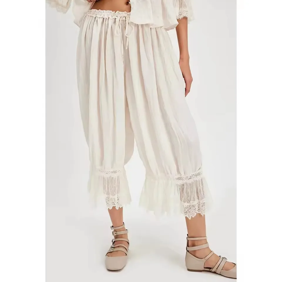 2025 New Summer Women's Loose Seven-quarter Length Trousers Drawstring High Waist Floral Lace Patchwork  Lantern Pants