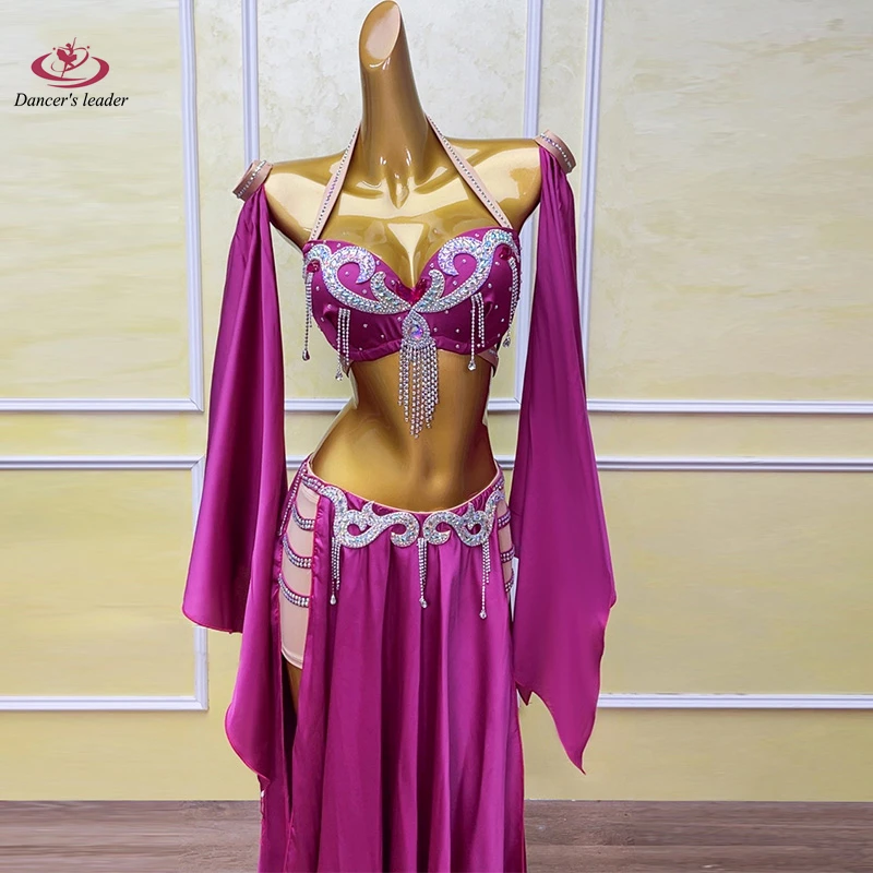 Costume de danse du ventre AB Stone pour femmes et enfants, jupe fendue haut de gamme Rose rouge, Performance Samba, robe Flash haute