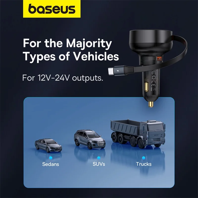Baseus auto ladegerät 55w pd qc schnell aufladen einziehbares kabel für iphone 12 13 14 pro max usb typ c kabel für samsung s23 xiaomi